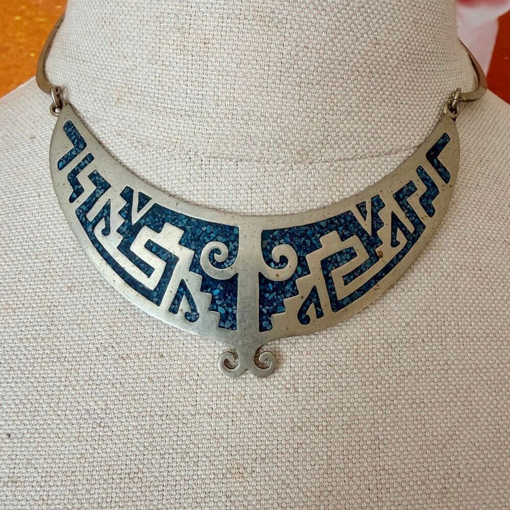 Vintage Mexico Alpaca Silver Turquoise Mosaic Inlay Mayan Aztec Collar Necklace